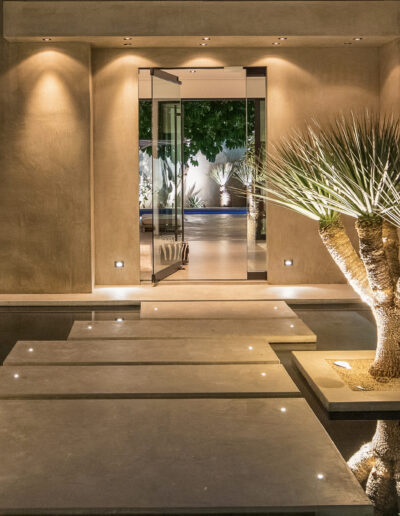 Modern hallway with illuminated stepping stones and ornamental plants.