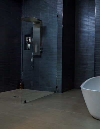 Modern bathroom with a freestanding bathtub and a walk-in shower.